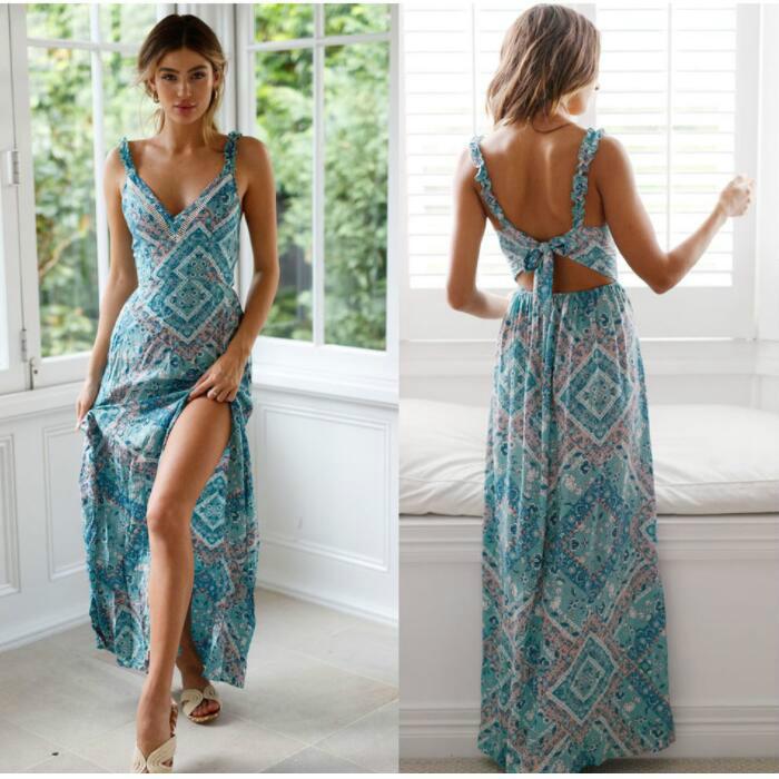 A stylish designer women's sexy backless dress featuring a vibrant bohemian floral print, perfect for summer occasions.