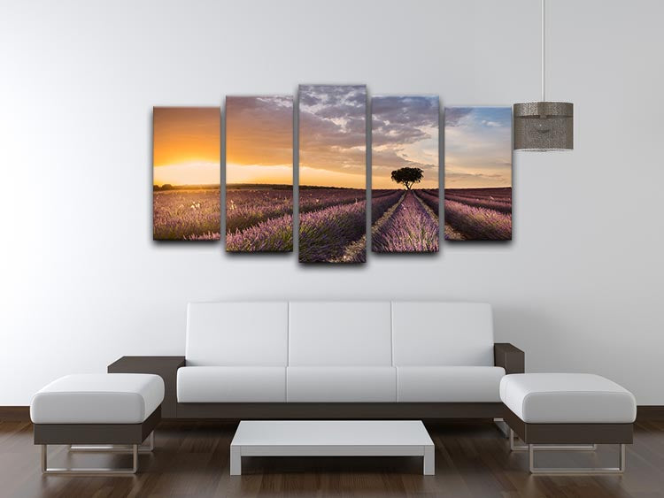Destination Lavender 5 Split Panel Canvas artwork featuring vibrant lavender fields across five panels.