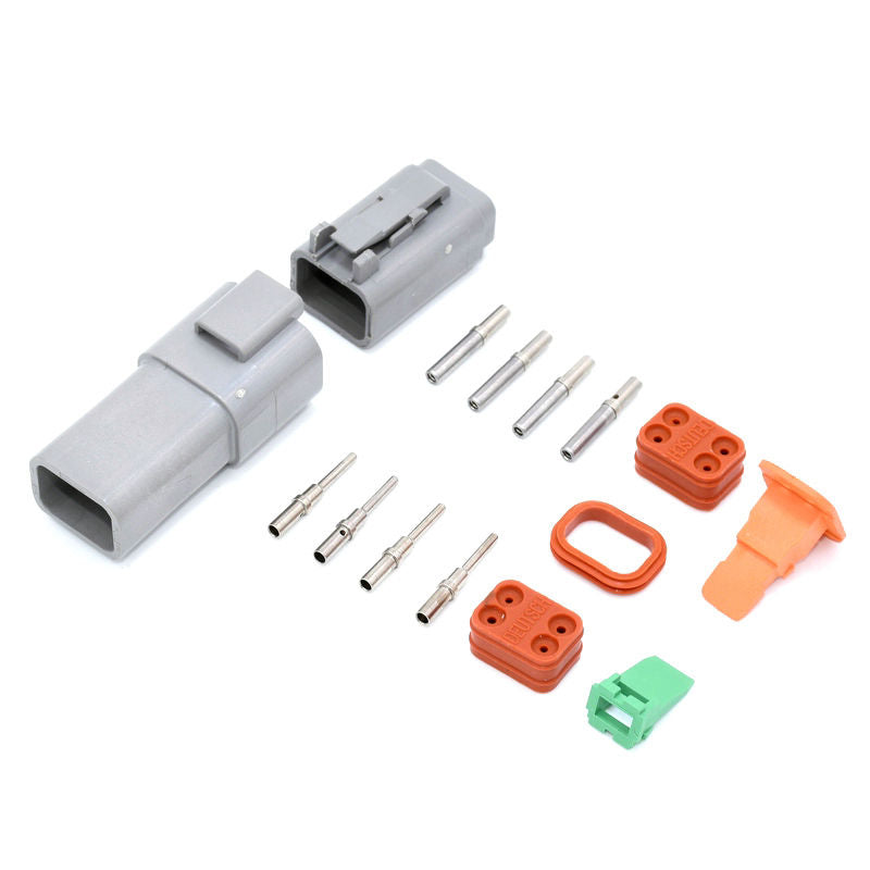Deutsch DT 4-Way 4 Pin Electrical Connector Plug Kit #DT4 with receptacle, plug, and contacts displayed.
