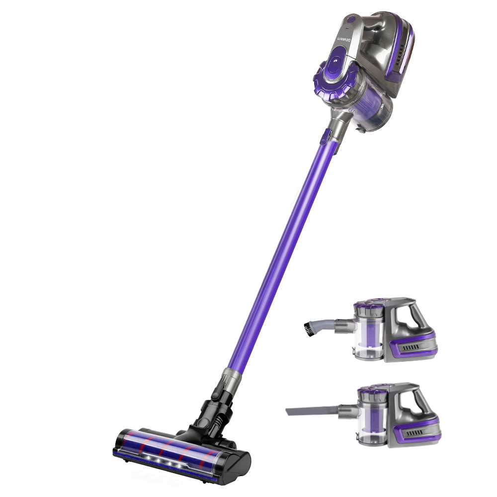 Devanti 150W Stick Handheld Cordless Vacuum Cleaner with motorized roller head and LED headlight, designed for efficient cleaning.