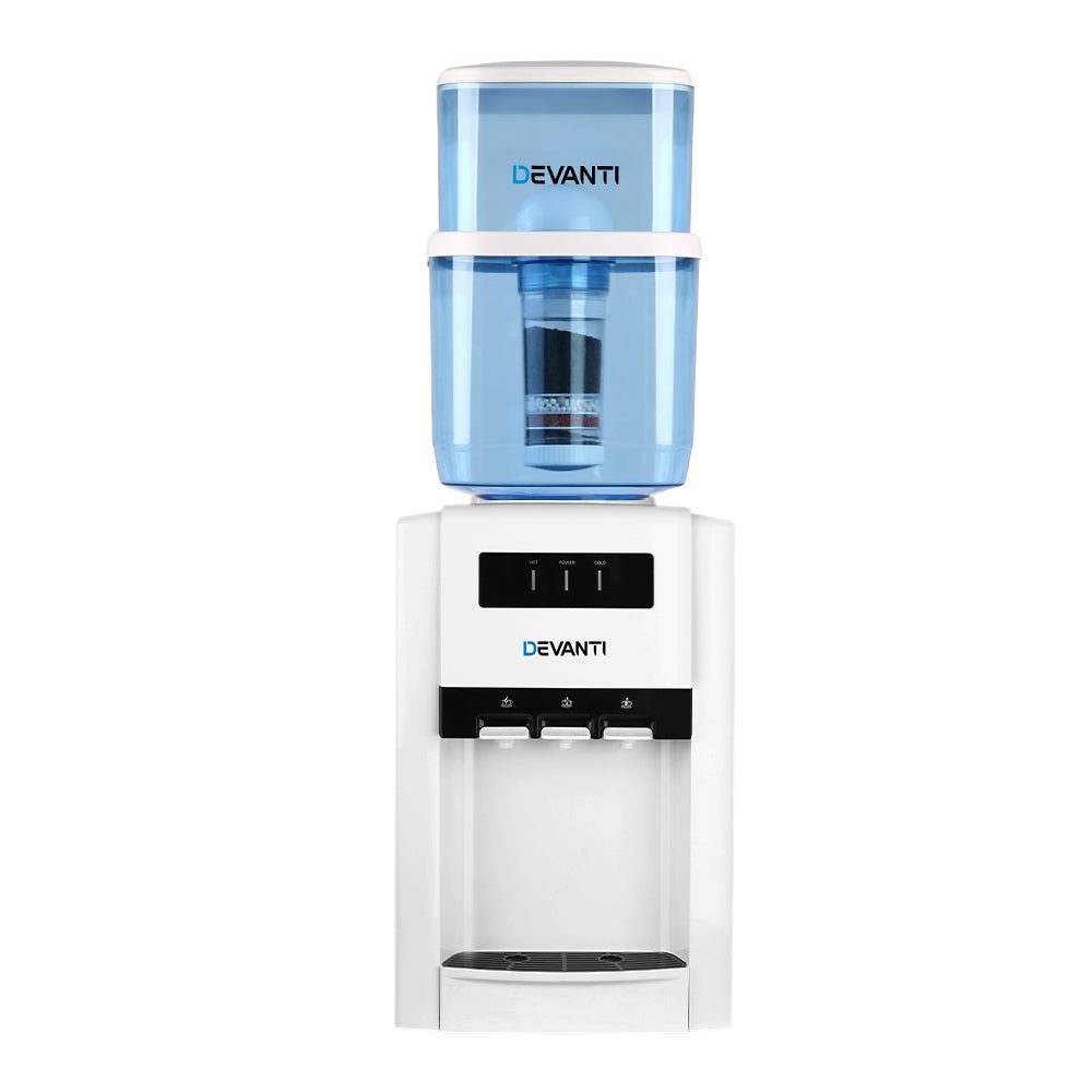 Devanti 22L Bench Top Water Cooler Dispenser with three taps for hot, cold, and room temperature water, featuring a sleek white design.