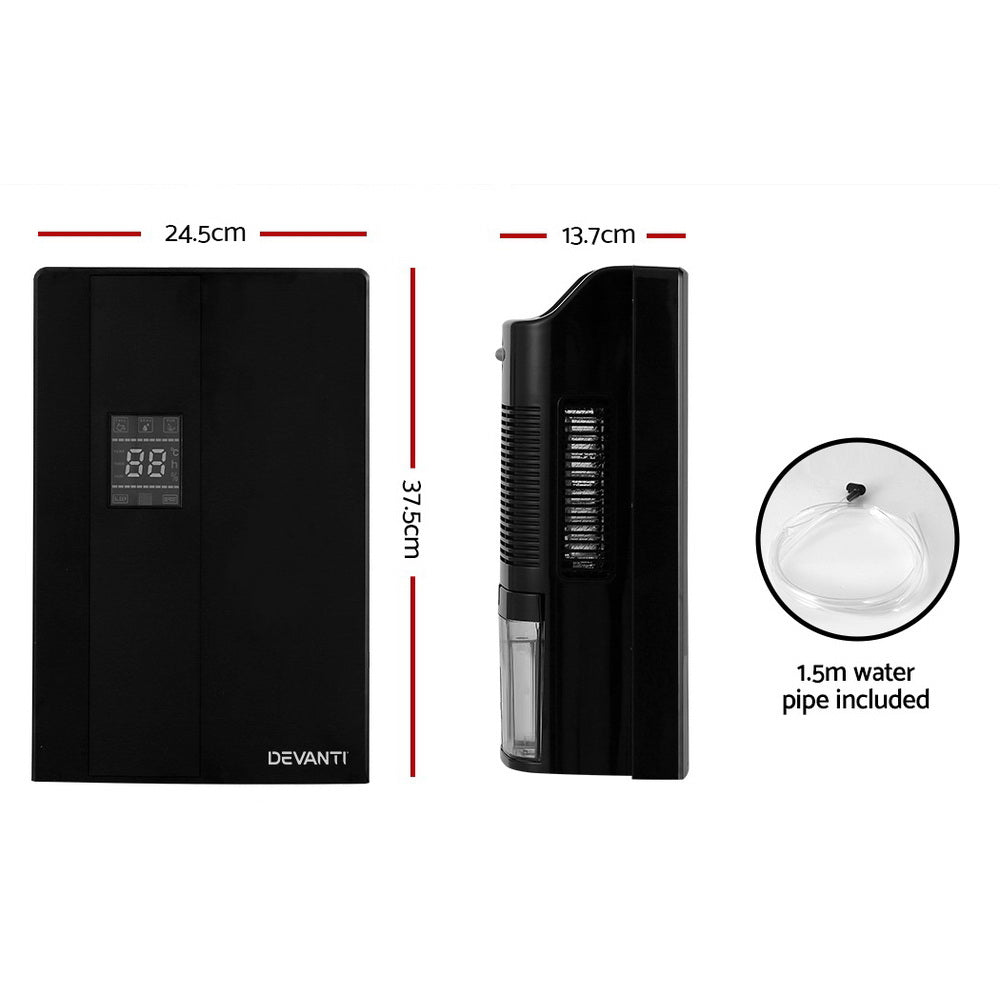 Devanti 2L Dehumidifier in black, showcasing its sleek design and LCD display, ideal for reducing moisture and purifying air.