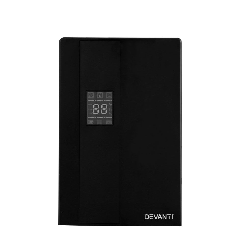 Devanti 2L Dehumidifier in black, showcasing its sleek design and LCD display, ideal for reducing moisture and purifying air.