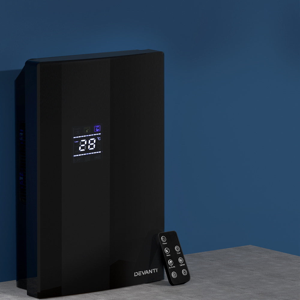 Devanti 2L Dehumidifier in black, showcasing its sleek design and LCD display, ideal for reducing moisture and purifying air.