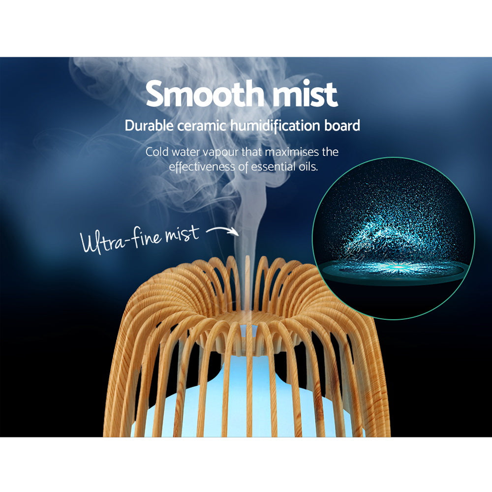 Devanti 4-In-1 Aroma Diffuser in light wood grain design, showcasing its sleek caged structure and LED night light features.