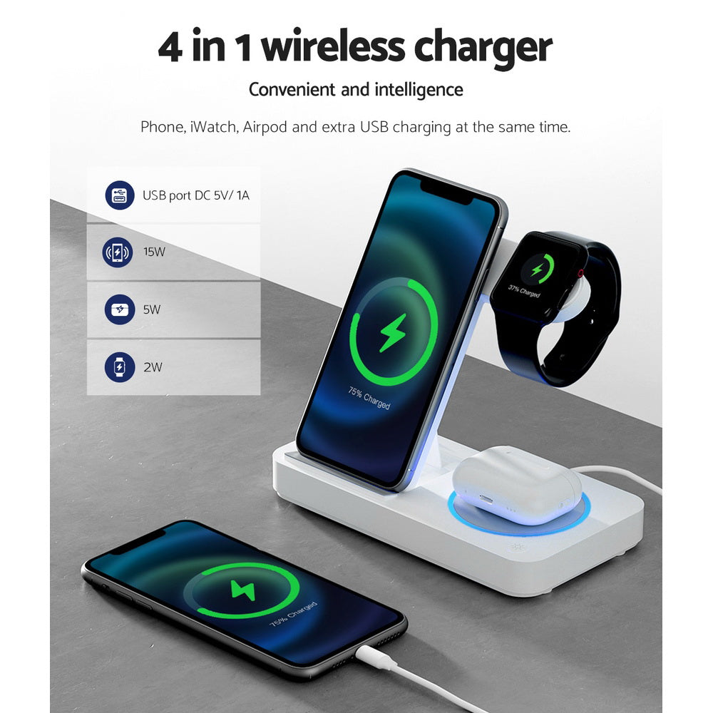 Devanti 4-in-1 Wireless Charger Dock in white, designed for fast charging multiple devices including smartphones, iWatches, and AirPods.