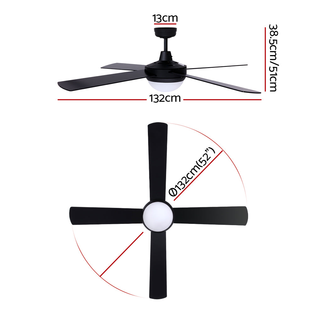 Devanti 52-inch black ceiling fan with remote control and built-in LED light, showcasing modern design and wooden blades.