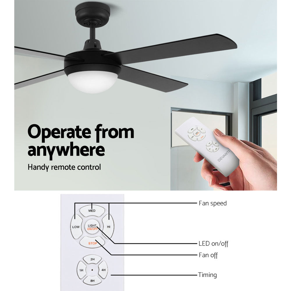Devanti 52-inch black ceiling fan with remote control and built-in LED light, showcasing modern design and wooden blades.