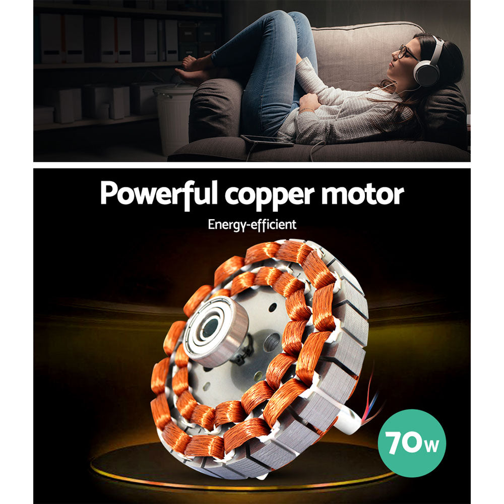 Devanti 52-inch black ceiling fan with remote control and built-in LED light, showcasing modern design and wooden blades.