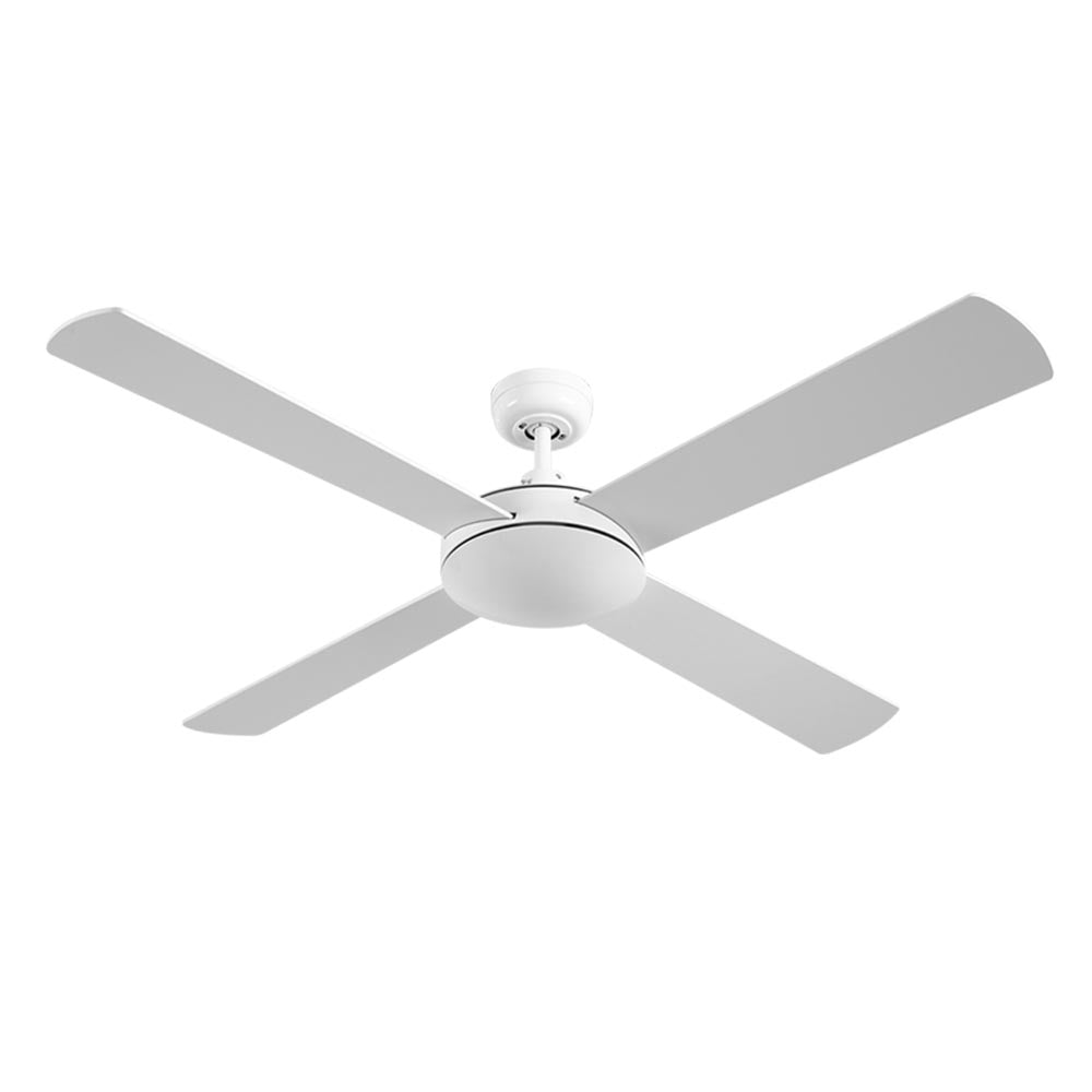 Devanti 52-inch ceiling fan in white with remote control, showcasing modern design and wooden blades.