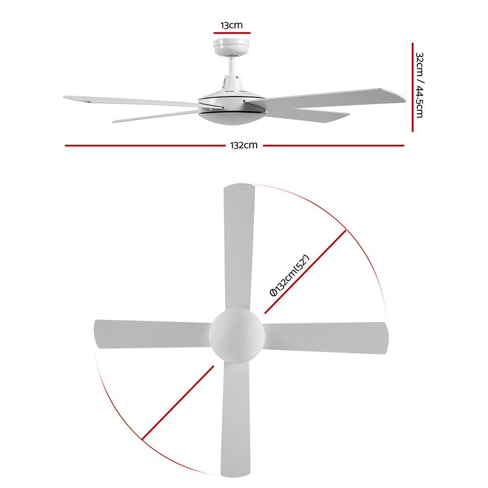 Devanti 52-inch ceiling fan in white with remote control, showcasing modern design and wooden blades.