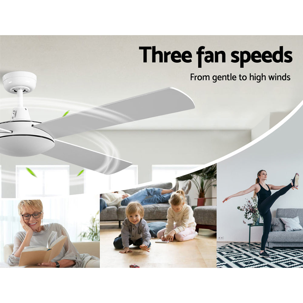 Devanti 52-inch ceiling fan in white with remote control, showcasing modern design and wooden blades.