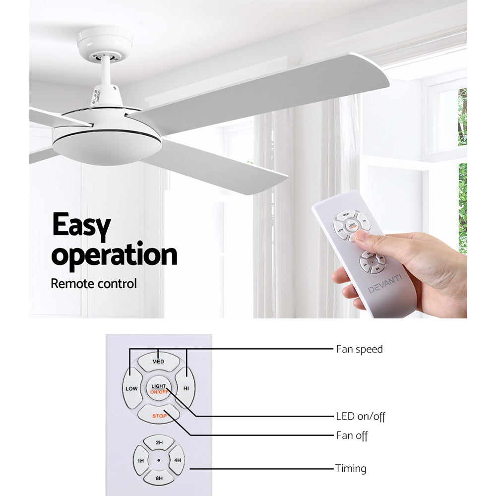 Devanti 52-inch ceiling fan in white with remote control, showcasing modern design and wooden blades.