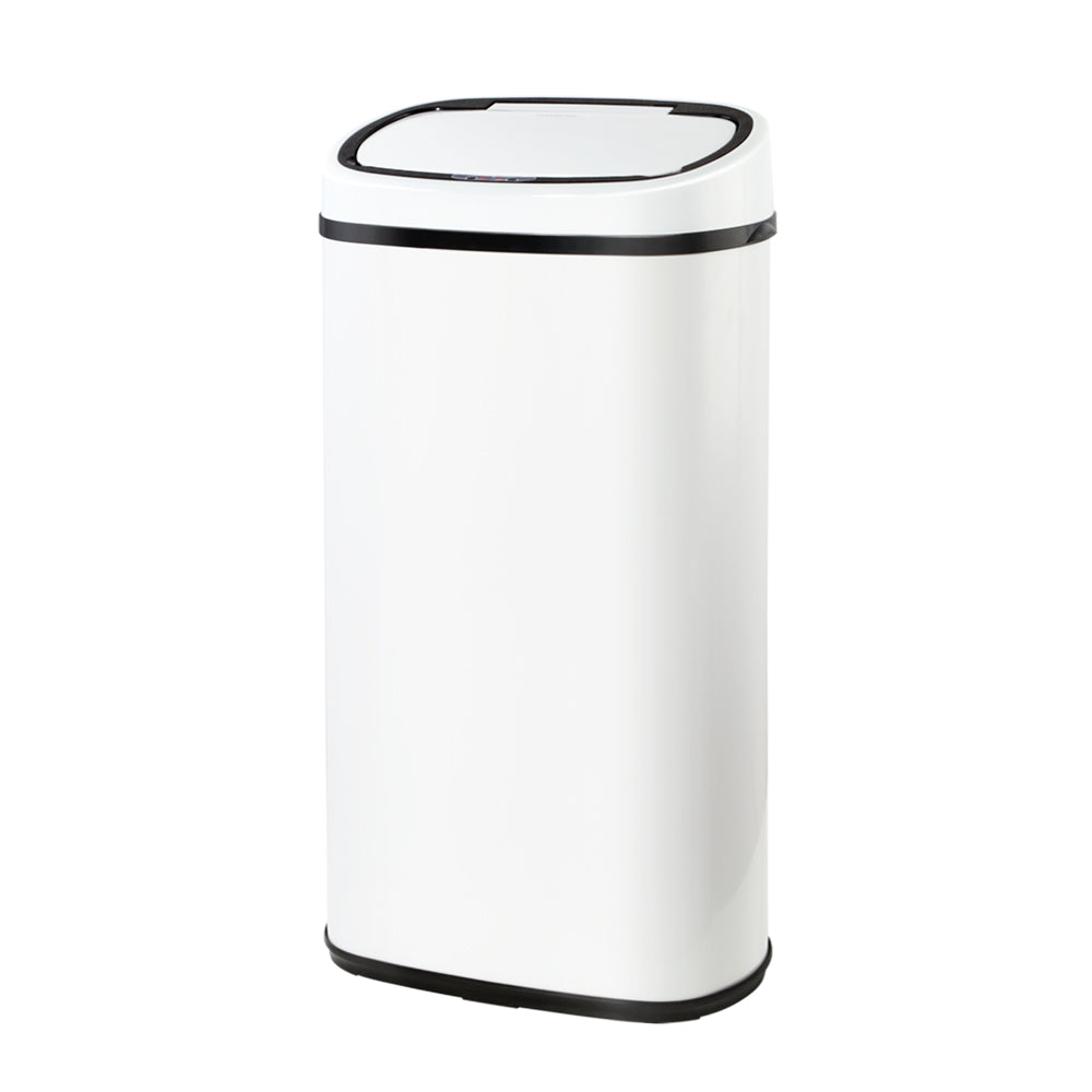 Devanti 58L Motion Sensor Bin in white, showcasing its sleek design and fingerprint-resistant steel body.
