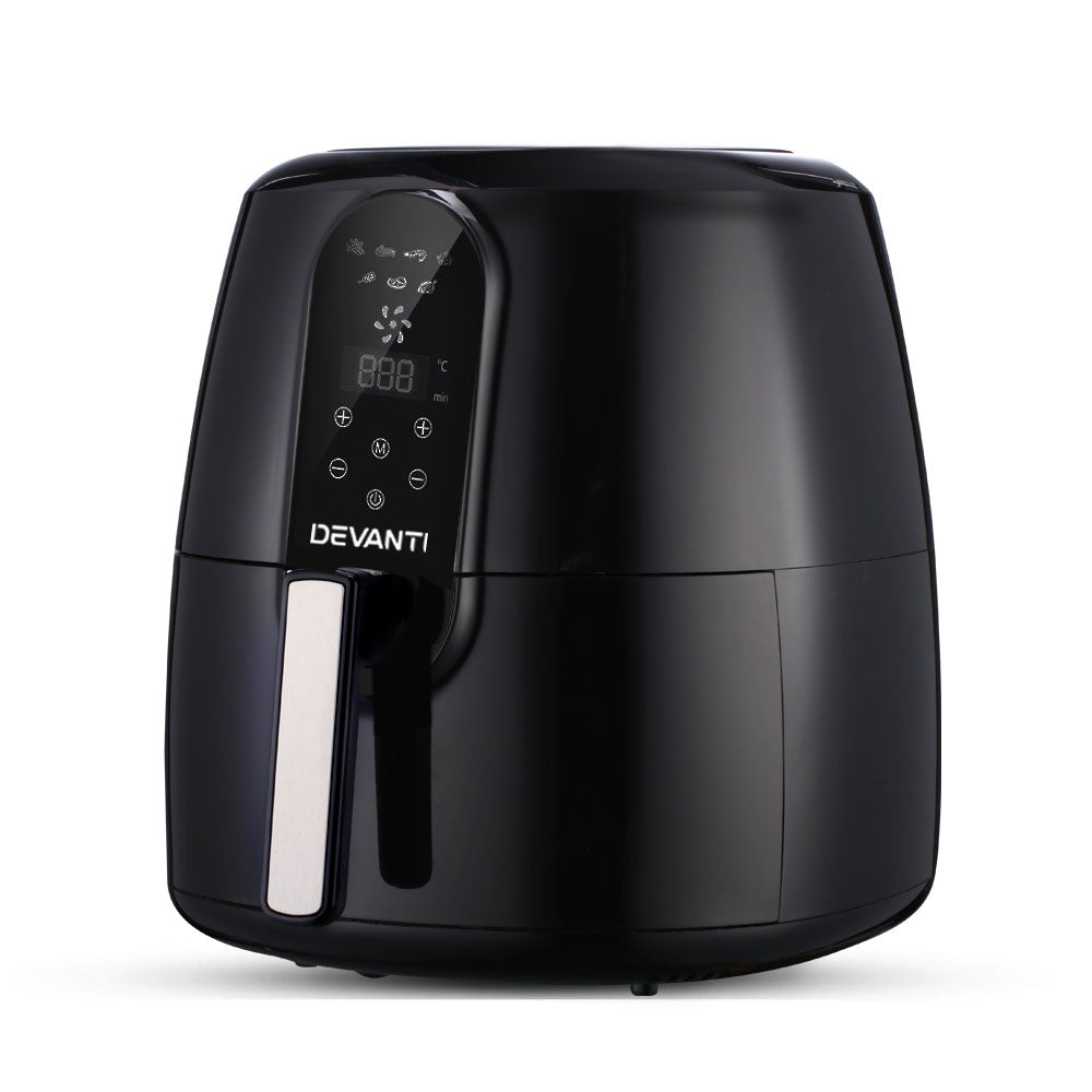 Devanti 7L Oil Free Air Fryer in sleek black design, showcasing its LCD display and non-stick pan.