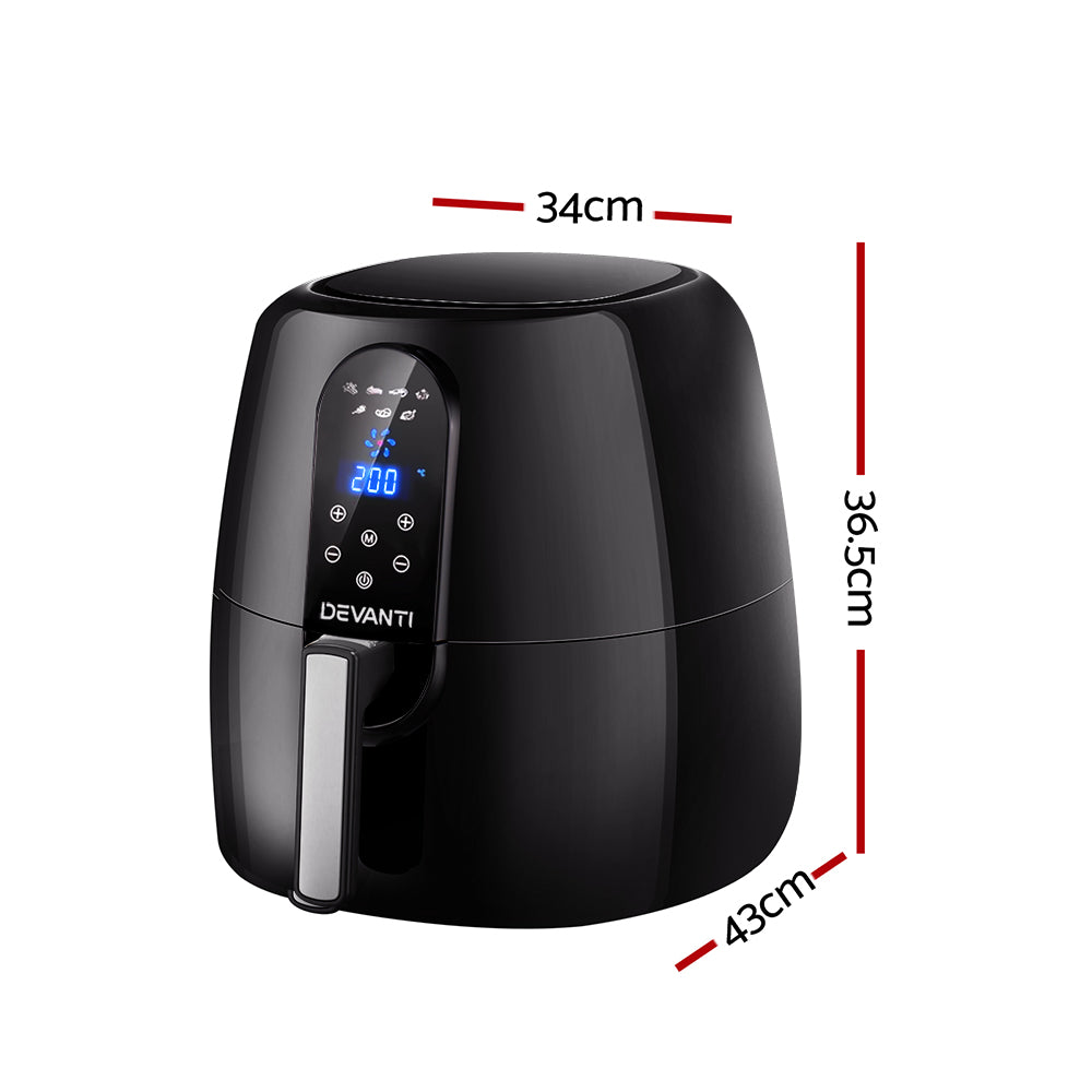 Devanti 7L Oil Free Air Fryer in sleek black design, showcasing its LCD display and non-stick pan.