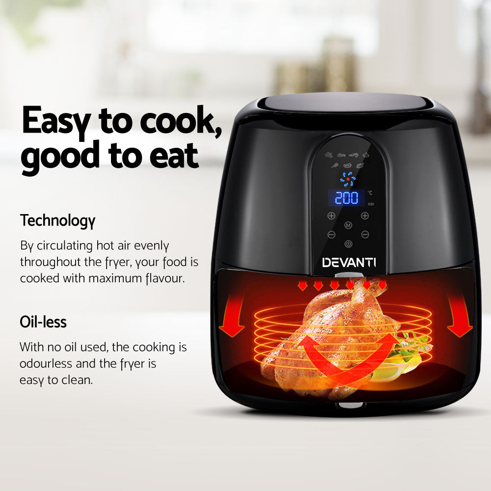 Devanti 7L Oil Free Air Fryer in sleek black design, showcasing its LCD display and non-stick pan.