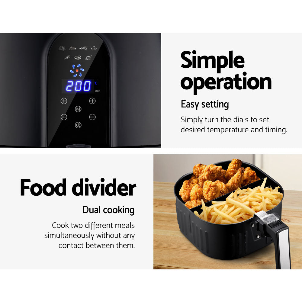 Devanti 7L Oil Free Air Fryer in sleek black design, showcasing its LCD display and non-stick pan.