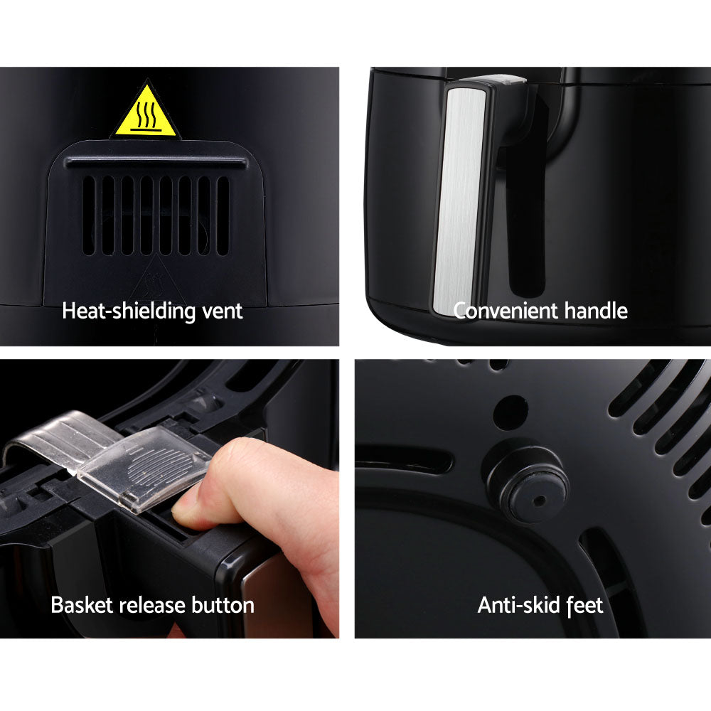 Devanti 7L Oil Free Air Fryer in sleek black design, showcasing its LCD display and non-stick pan.