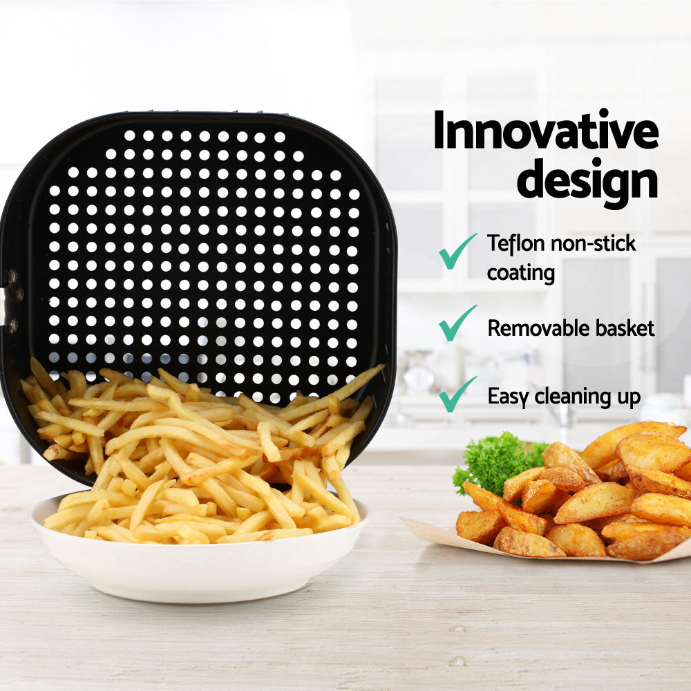 Devanti 7L Oil Free Air Fryer in sleek black design, showcasing its LCD display and non-stick pan.