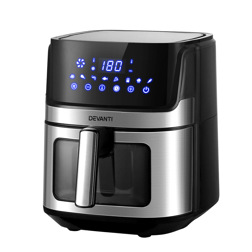 Devanti Air Fryer 6.5L with LCD control panel and tempered glass window, showcasing a sleek black and silver design.