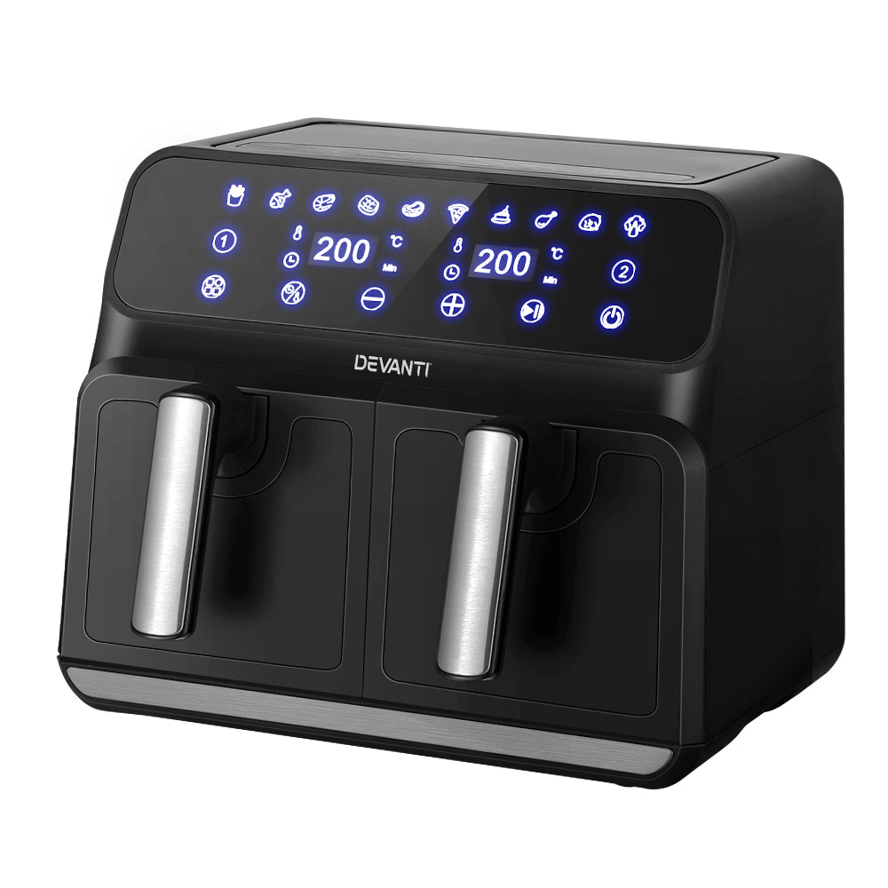 Devanti Air Fryer 8L with dual baskets and LCD control panel, showcasing a sleek black and silver design.