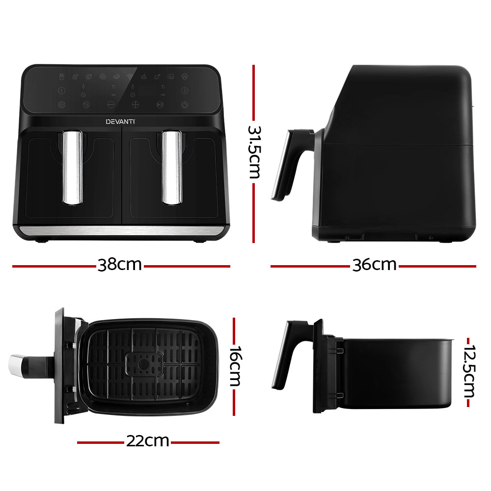 Devanti Air Fryer 8L with dual baskets and LCD control panel, showcasing a sleek black and silver design.