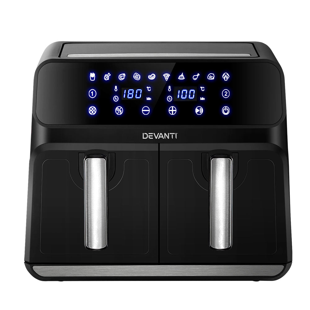 Devanti Air Fryer 8L with dual baskets and LCD control panel, showcasing a sleek black and silver design.