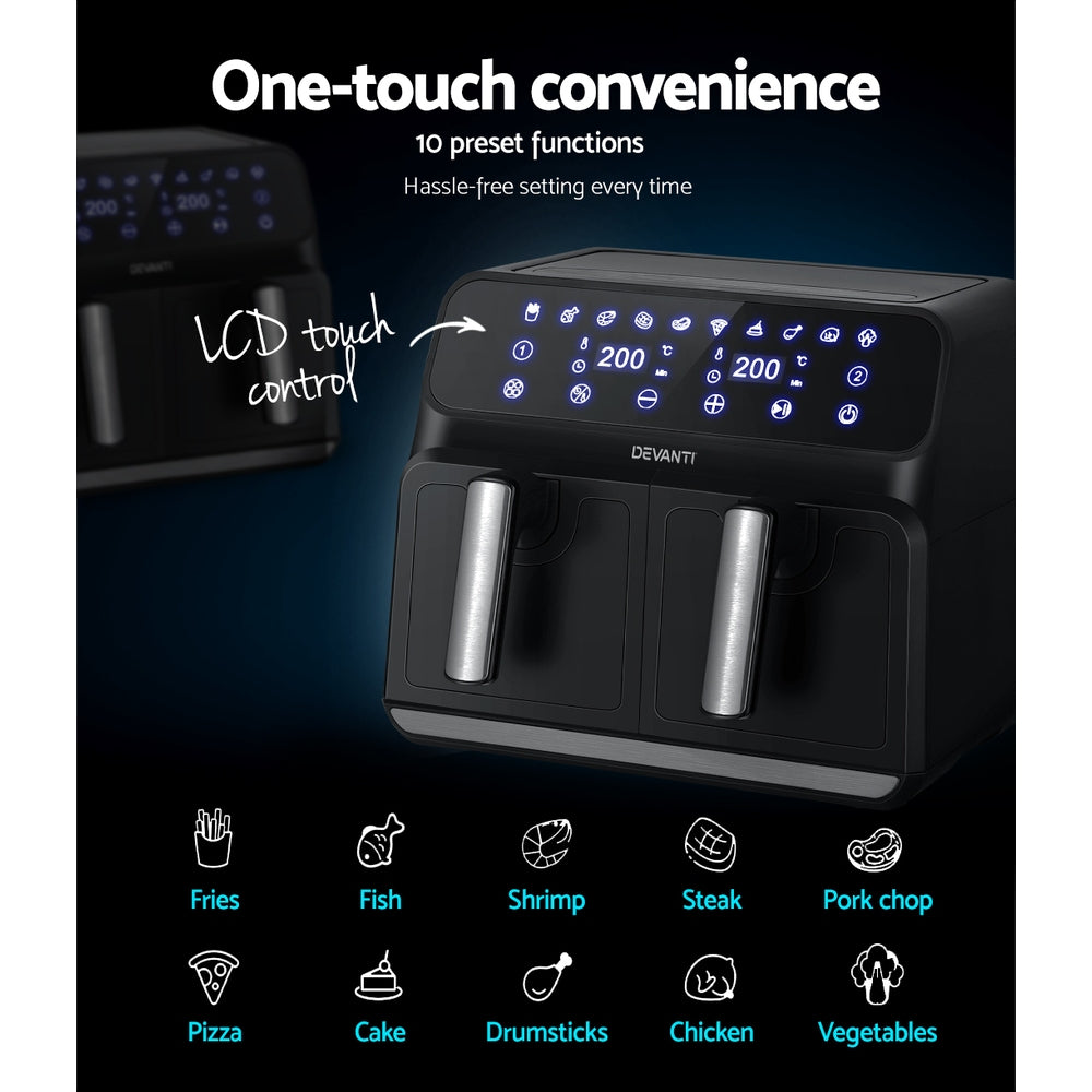 Devanti Air Fryer 8L with dual baskets and LCD control panel, showcasing a sleek black and silver design.