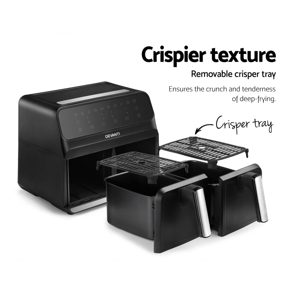 Devanti Air Fryer 8L with dual baskets and LCD control panel, showcasing a sleek black and silver design.