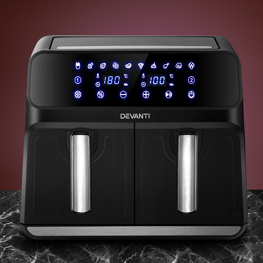 Devanti Air Fryer 8L with dual baskets and LCD control panel, showcasing a sleek black and silver design.