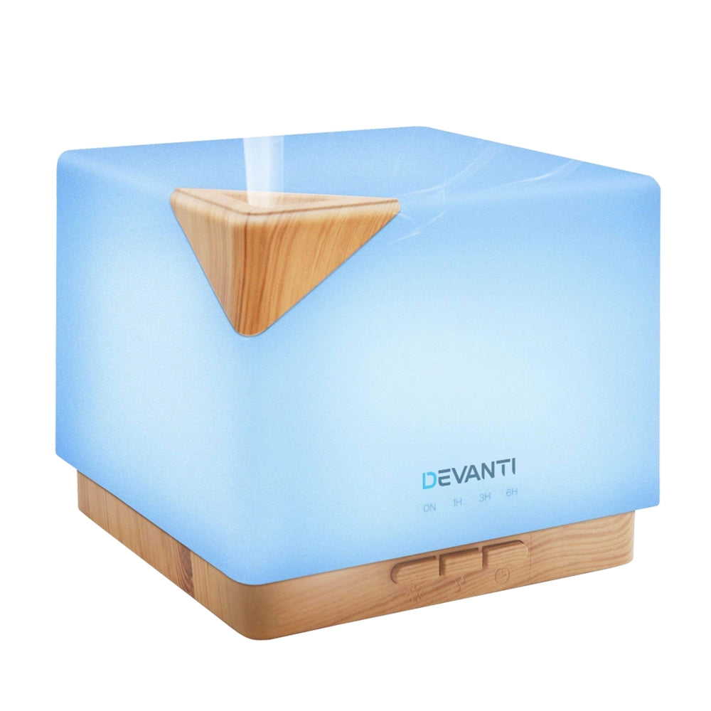 DEVANTi Aroma Diffuser Air Humidifier with light wood grain design, featuring a 600ml capacity and 7-colour LED night light.