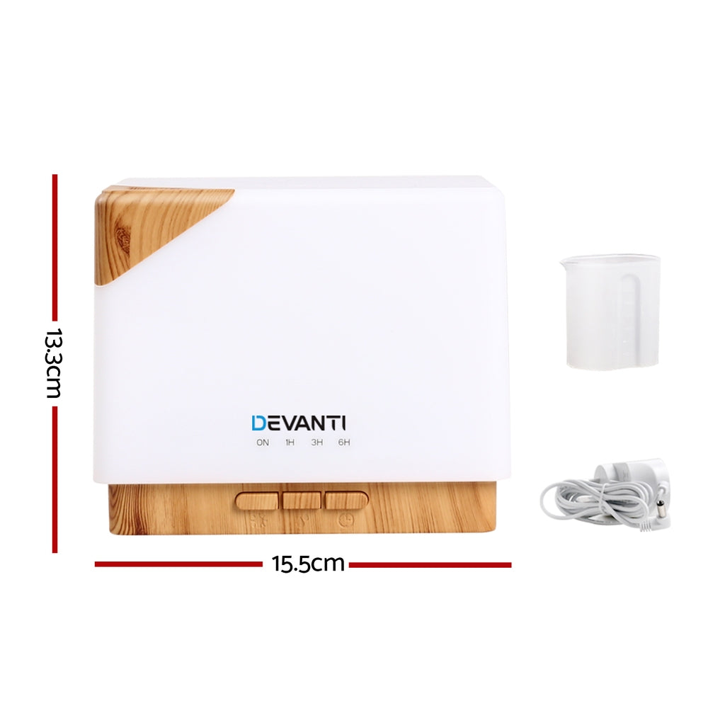 DEVANTi Aroma Diffuser Air Humidifier with light wood grain design, featuring a 600ml capacity and 7-colour LED night light.
