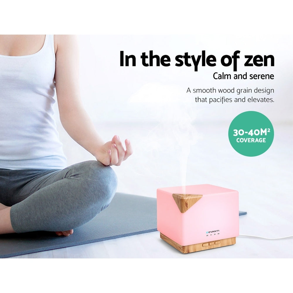 DEVANTi Aroma Diffuser Air Humidifier with light wood grain design, featuring a 600ml capacity and 7-colour LED night light.