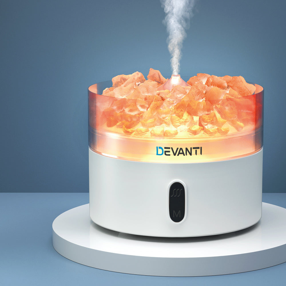 Devanti Aroma Diffuser with Himalayan Salt Crystals and LED light, showcasing its sleek design and functionality.