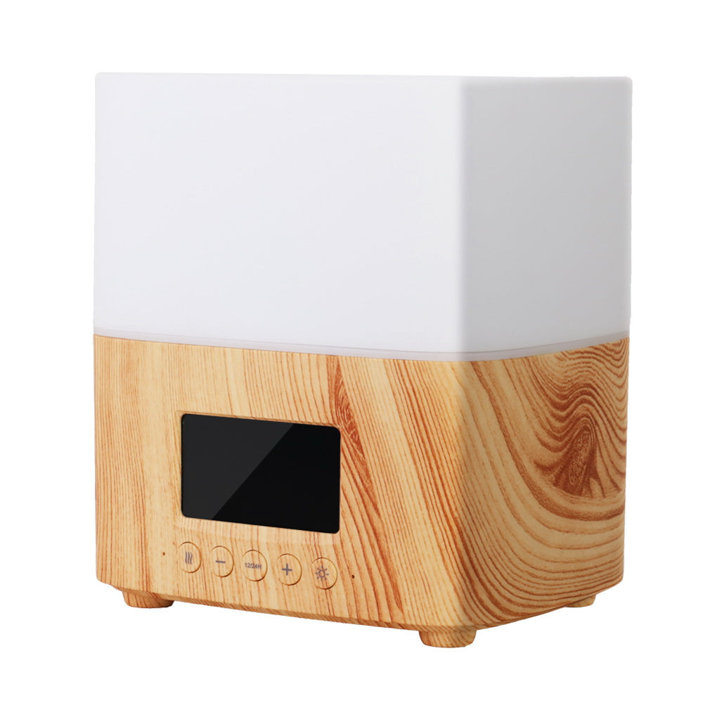 Devanti Aroma Diffuser in light wood grain design, showcasing its sleek modern look and LED night light feature.