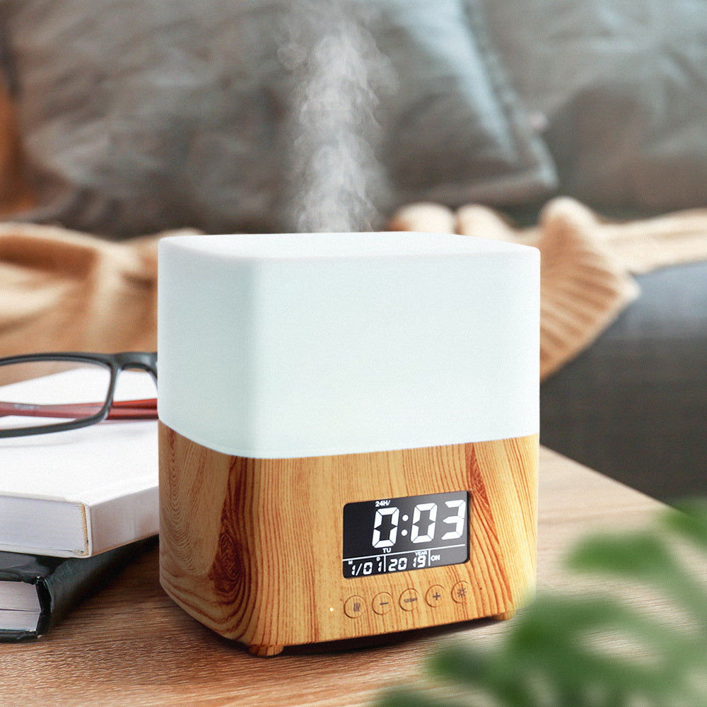 Devanti Aroma Diffuser in light wood grain design, showcasing its sleek modern look and LED night light feature.