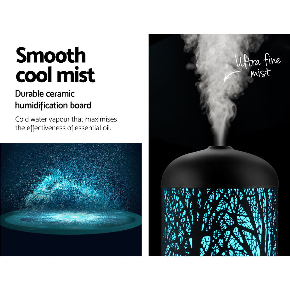 DEVANTI Aroma Diffuser featuring an enchanted forest pattern and LED night light, designed for aromatherapy and air purification.