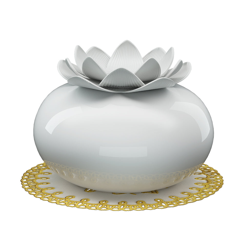 Devanti Aromatherapy Diffuser in elegant lotus shape, made of white ceramic, emitting a soothing mist of essential oils.