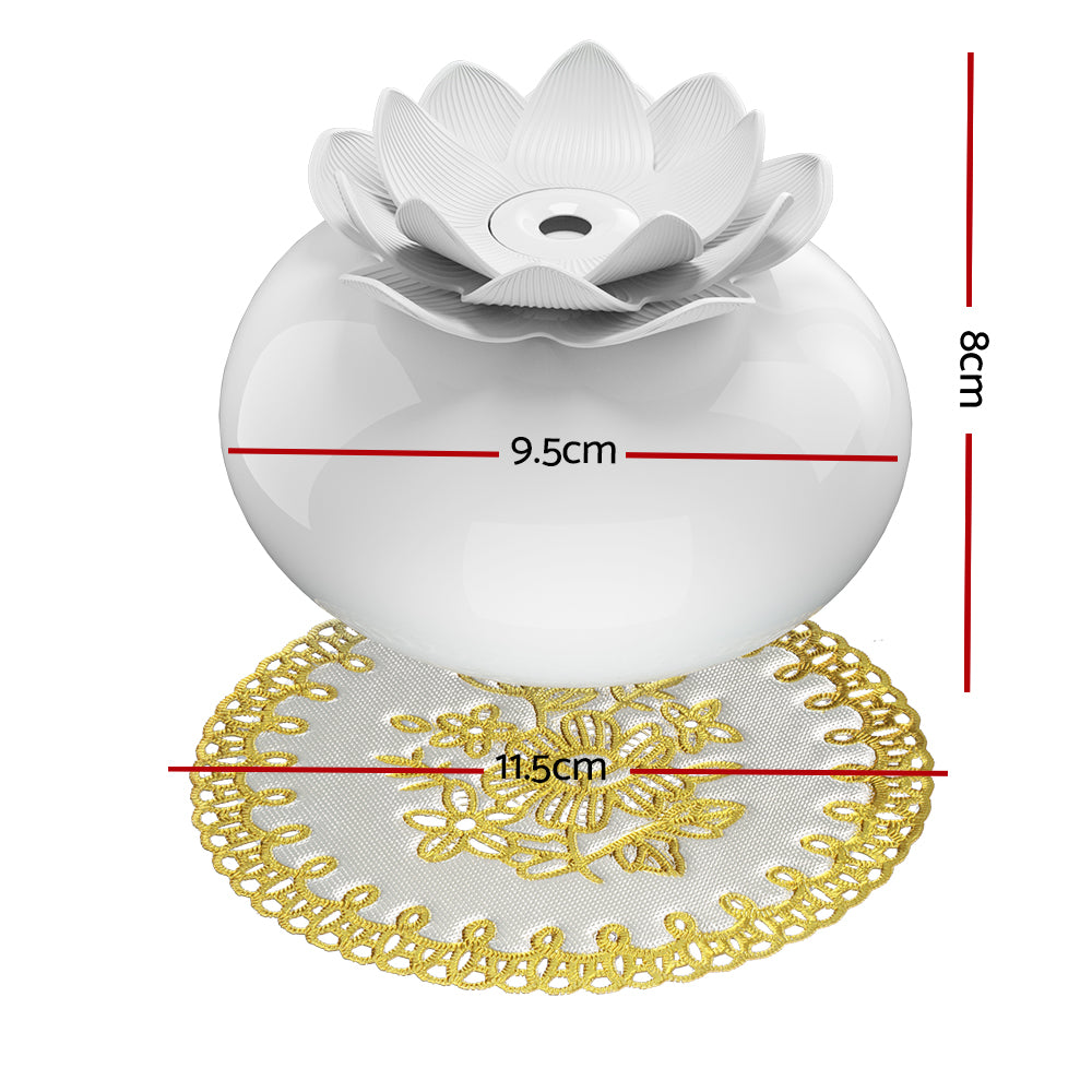 Devanti Aromatherapy Diffuser in elegant lotus shape, made of white ceramic, emitting a soothing mist of essential oils.