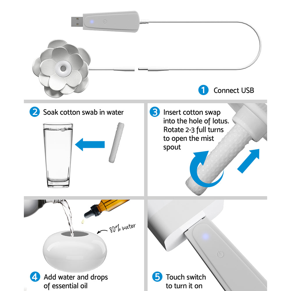 Devanti Aromatherapy Diffuser in elegant lotus shape, made of white ceramic, emitting a soothing mist of essential oils.