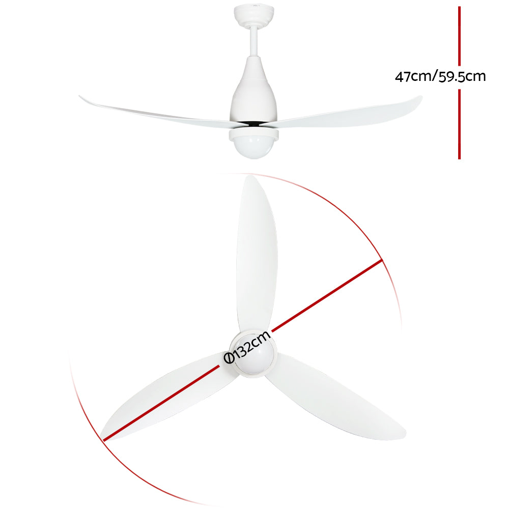 Devanti 52-inch Ceiling Fan with DC motor, LED light, and remote control, showcasing its sleek design and three blades.