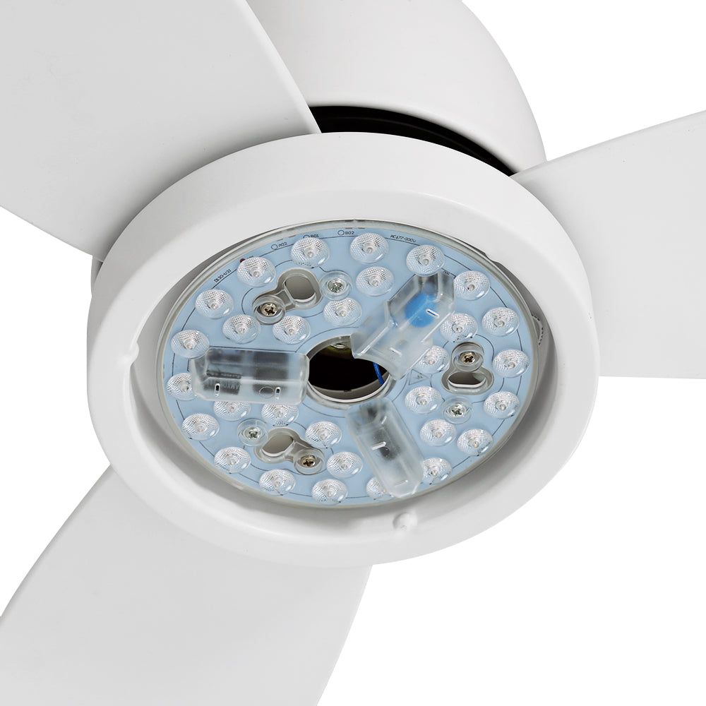 Devanti 52-inch Ceiling Fan with DC motor, LED light, and remote control, showcasing its sleek design and three blades.