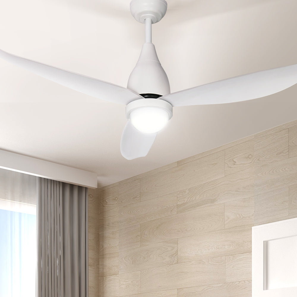 Devanti 52-inch Ceiling Fan with DC motor, LED light, and remote control, showcasing its sleek design and three blades.
