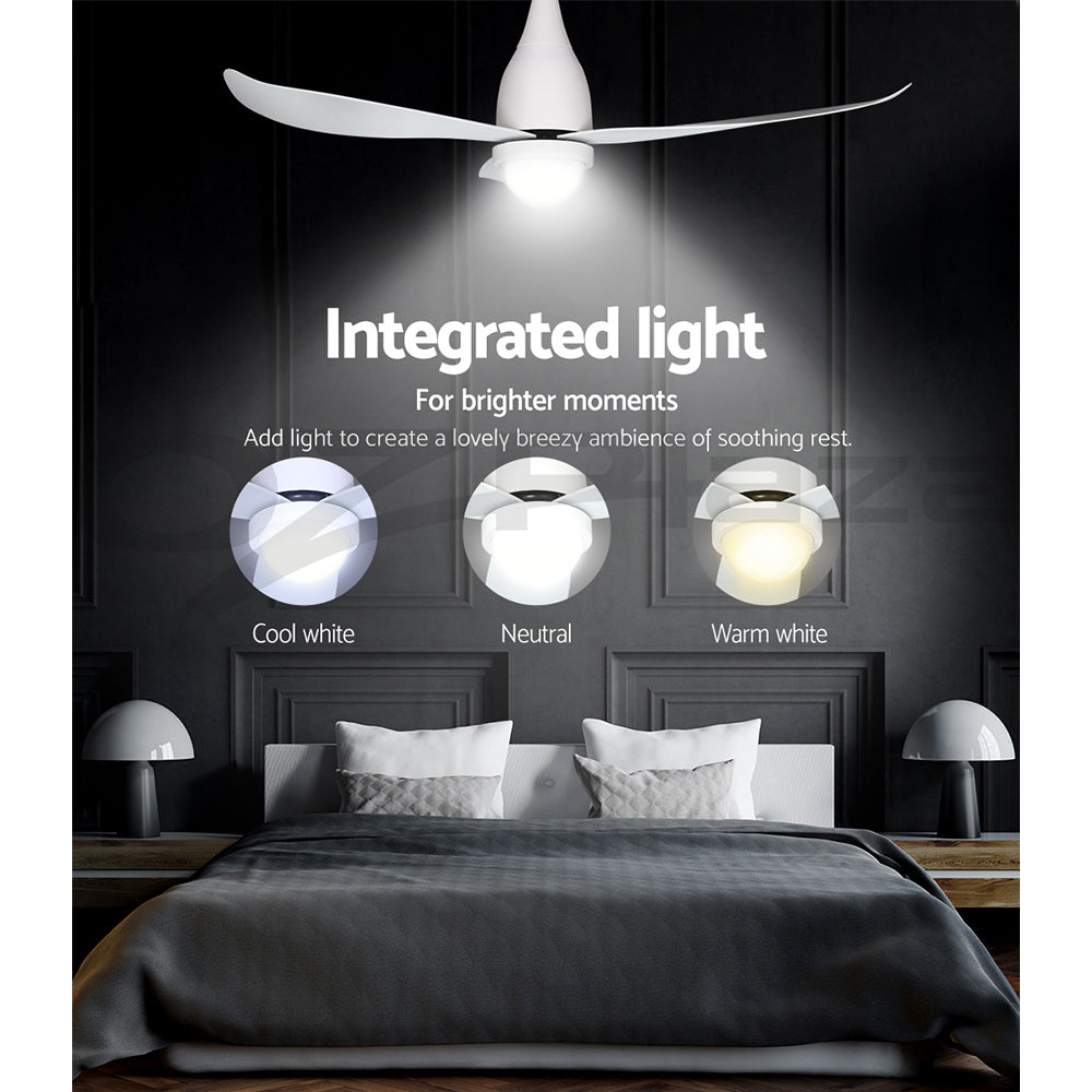 Devanti 52-inch Ceiling Fan with DC motor, LED light, and remote control, showcasing its sleek design and three blades.