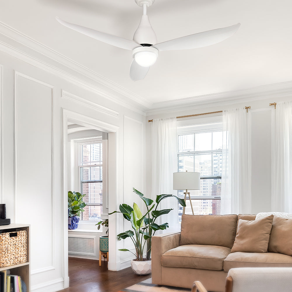 Devanti 52-inch Ceiling Fan with DC motor, LED light, and remote control, showcasing its sleek design and three blades.