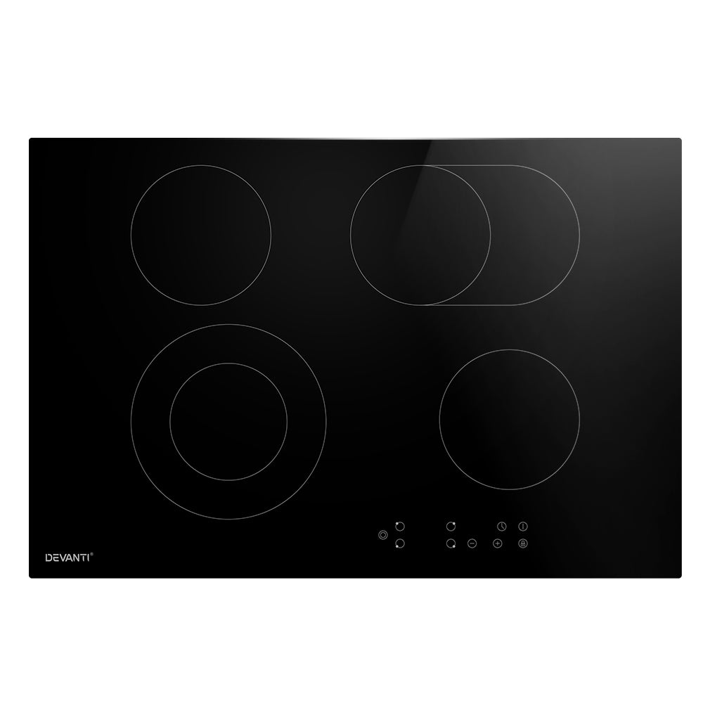 Devanti 77cm Ceramic Cooktop with 6 cooking zones and touch control panel, featuring a sleek black ceramic glass surface.