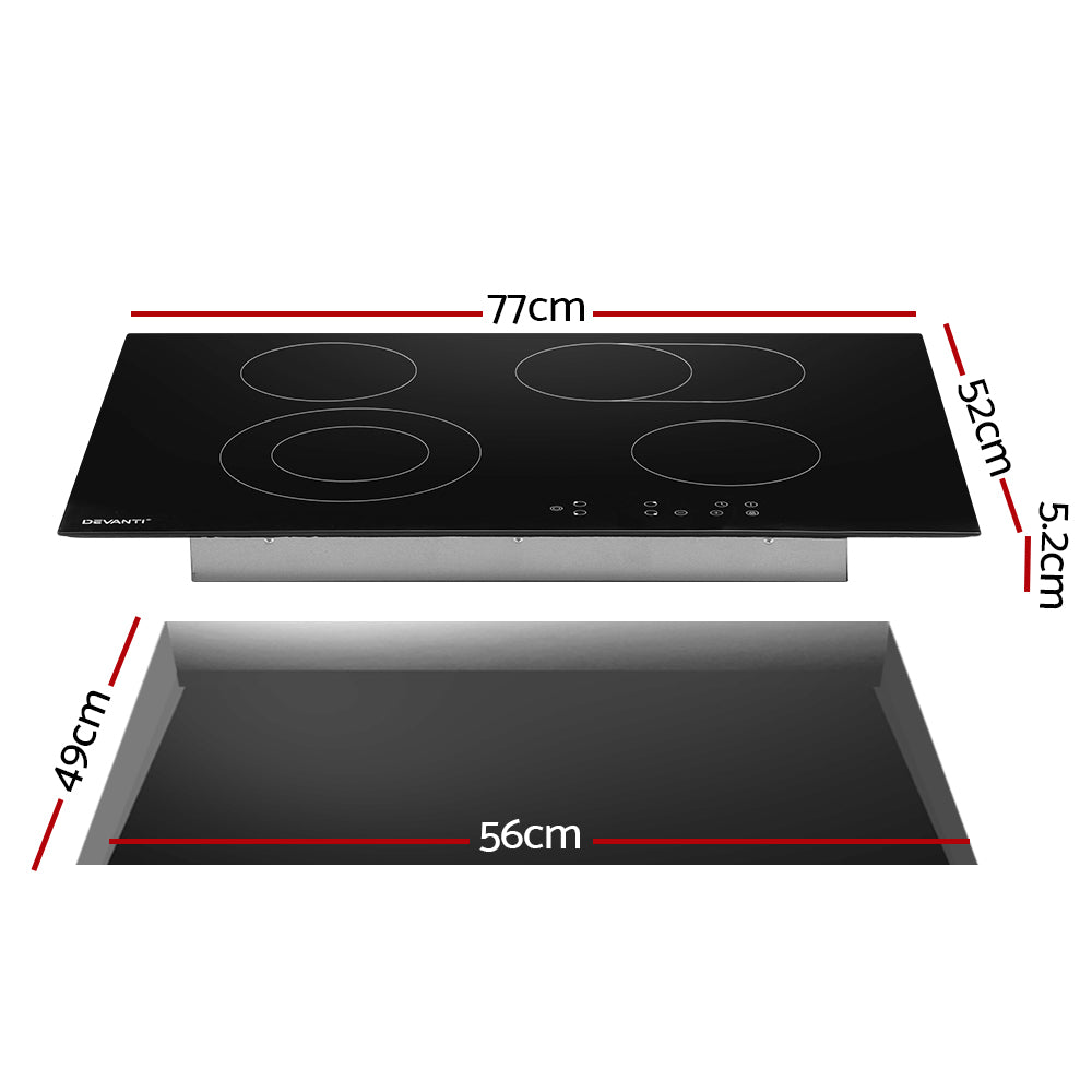 Devanti 77cm Ceramic Cooktop with 6 cooking zones and touch control panel, featuring a sleek black ceramic glass surface.