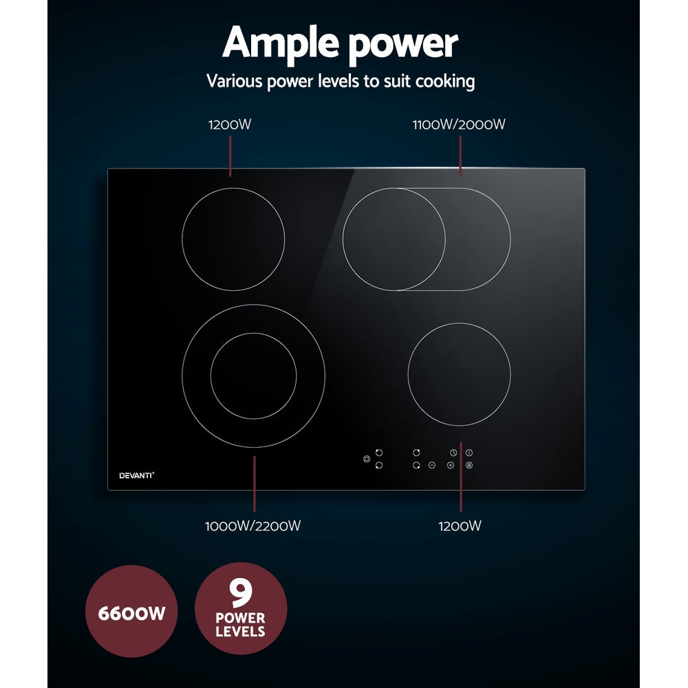 Devanti 77cm Ceramic Cooktop with 6 cooking zones and touch control panel, featuring a sleek black ceramic glass surface.