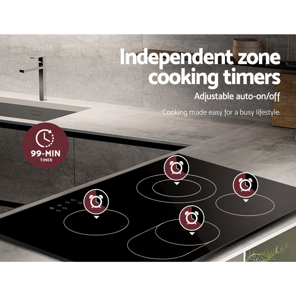 Devanti 77cm Ceramic Cooktop with 6 cooking zones and touch control panel, featuring a sleek black ceramic glass surface.